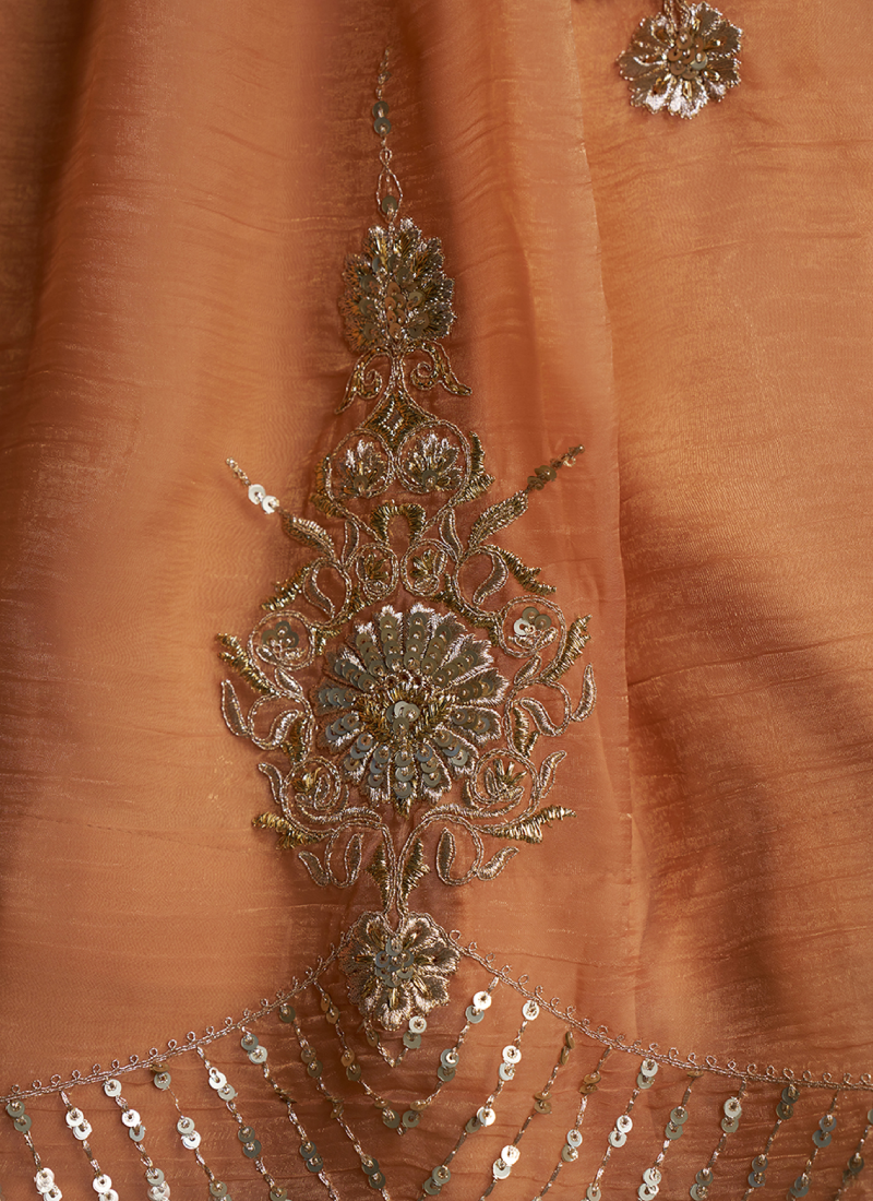 Rust Orange Organza Heavy Embroidered Lehenga Choli For Bridesmaids