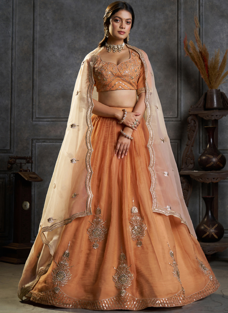 Rust Orange Organza Heavy Embroidered Lehenga Choli For Bridesmaids