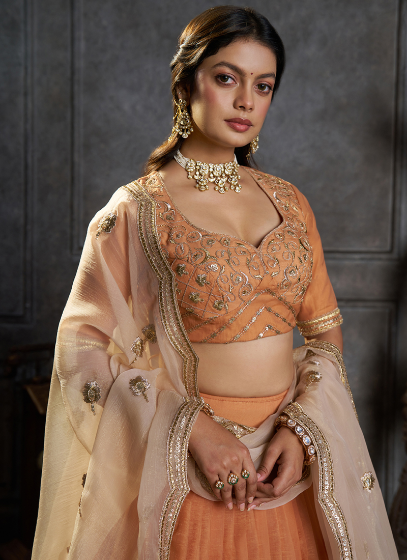 Rust Orange Organza Heavy Embroidered Lehenga Choli For Bridesmaids