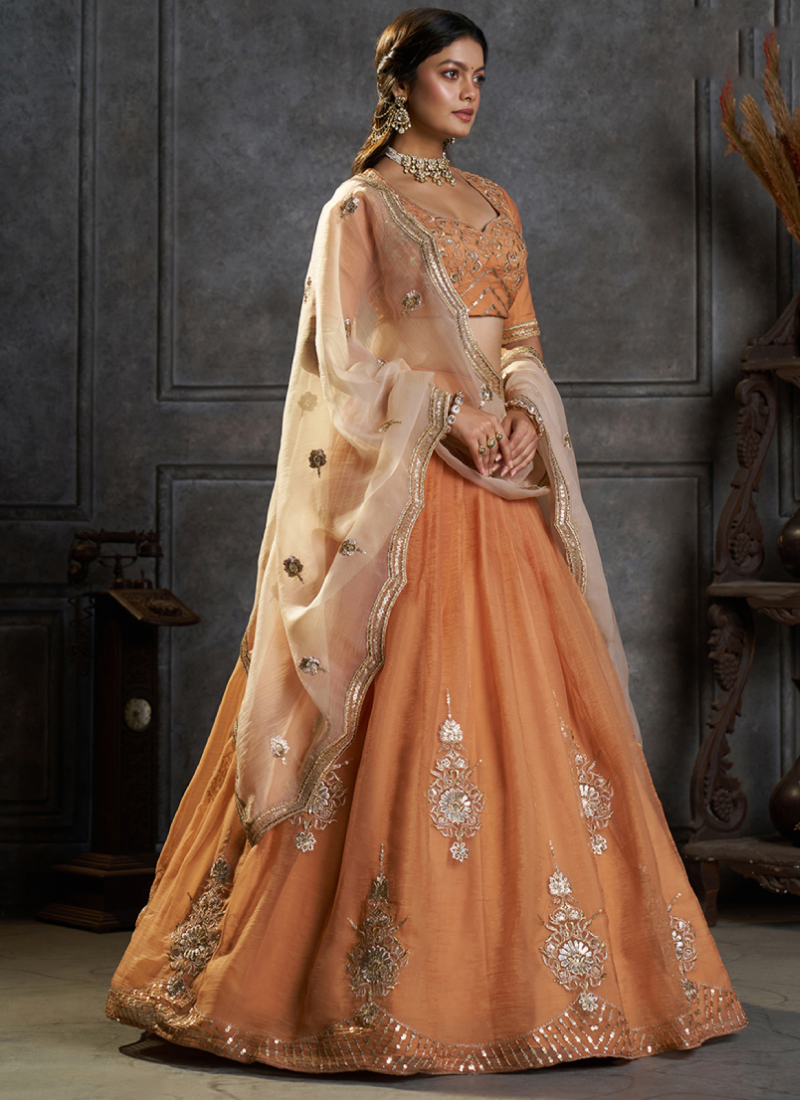 Rust Orange Organza Heavy Embroidered Lehenga Choli For Bridesmaids