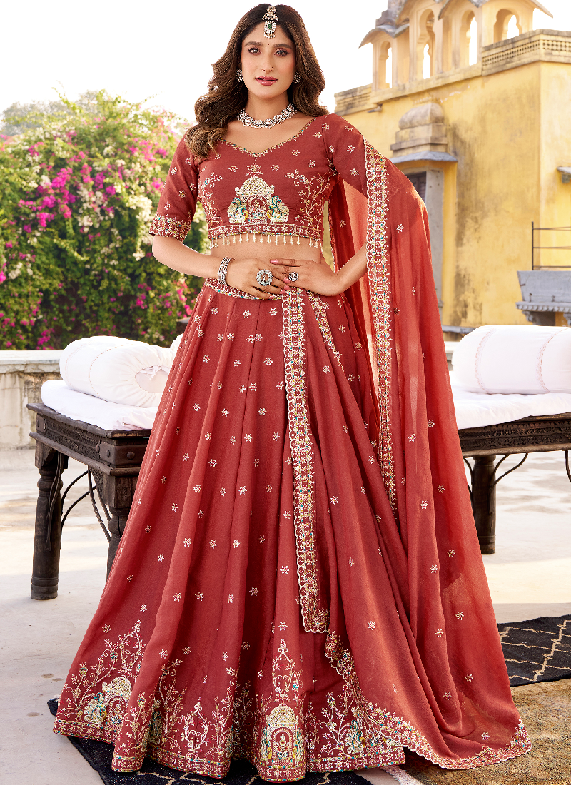 Rust Red Chocolate Crush Embroidered Festive Lehenga Choli For Women