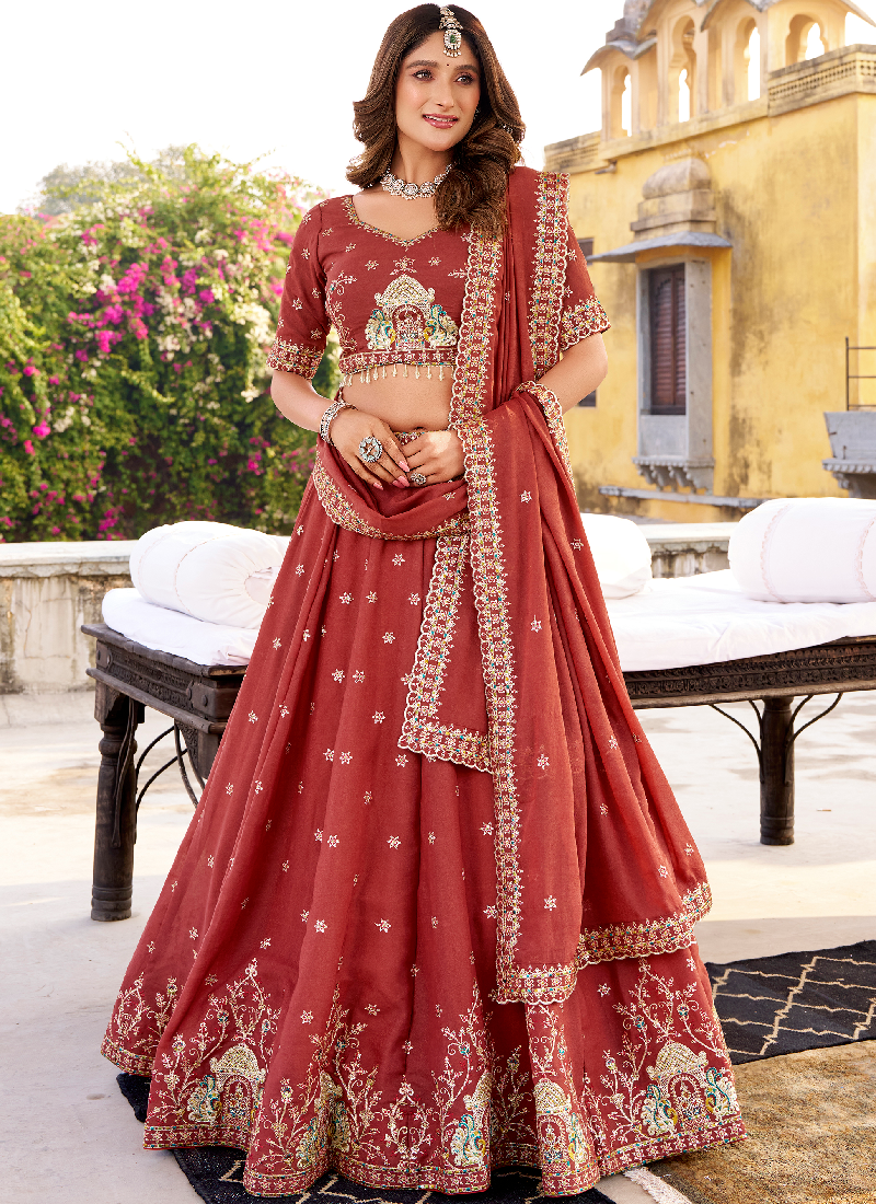 Rust Red Chocolate Crush Embroidered Festive Lehenga Choli For Women
