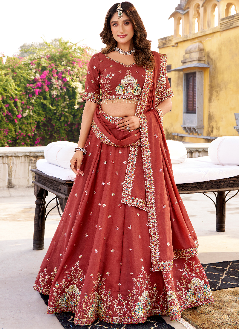 Rust Red Chocolate Crush Embroidered Festive Lehenga Choli For Women
