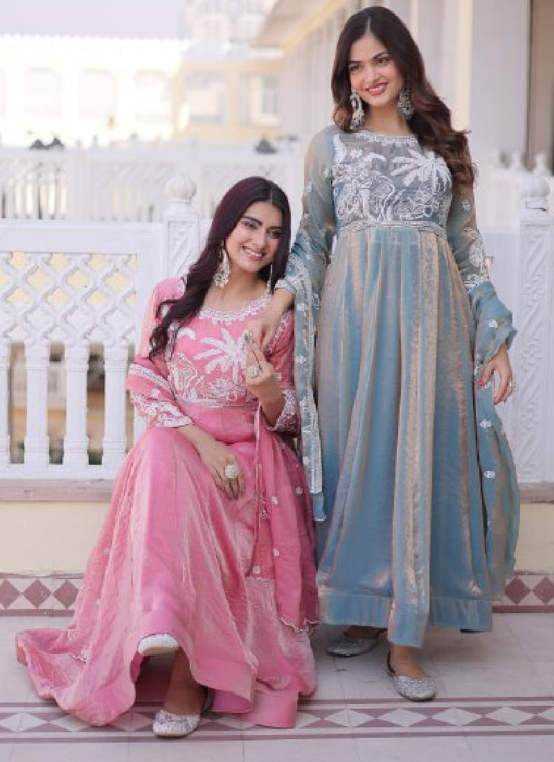 Designer Light Pink Zari Embroidered Fendi Silk Gown With Dupatta Set
