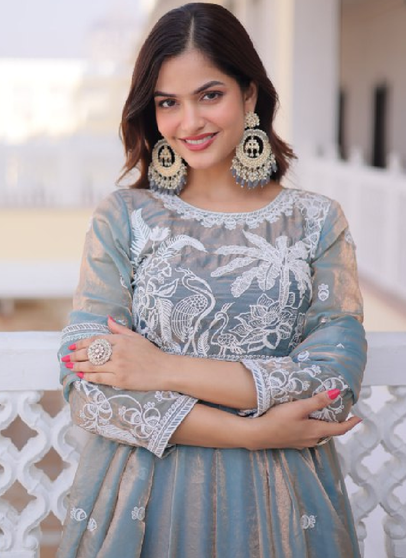 Satin Silk Sequence Embroidered Wedding Wear Sky Blue Anarkali Gown