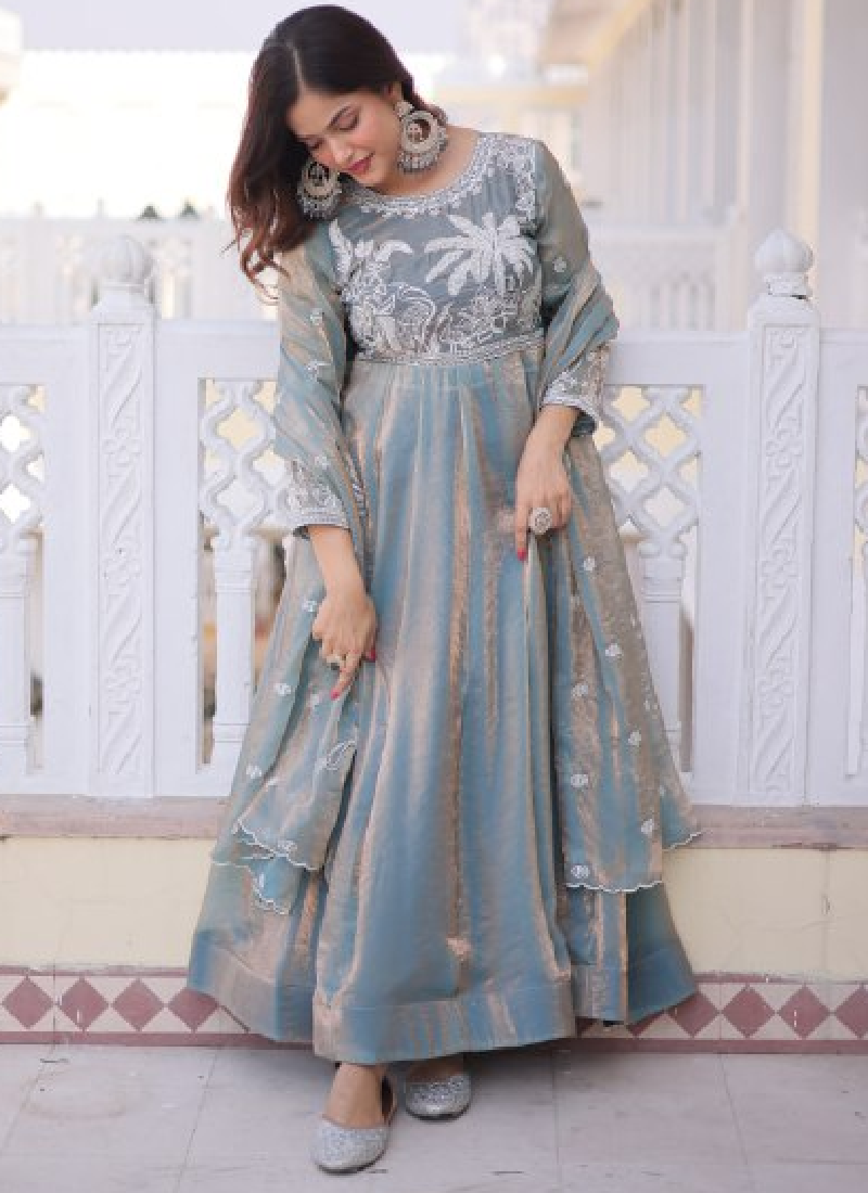 Satin Silk Sequence Embroidered Wedding Wear Sky Blue Anarkali Gown