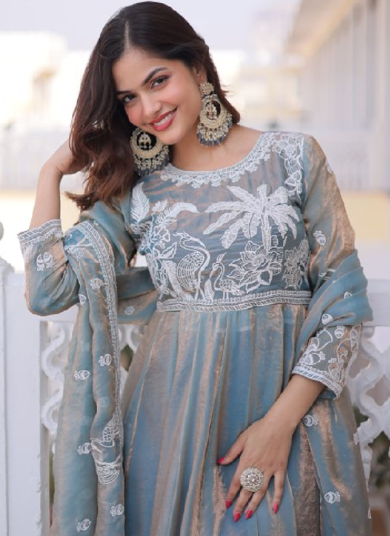 Satin Silk Sequence Embroidered Wedding Wear Sky Blue Anarkali Gown