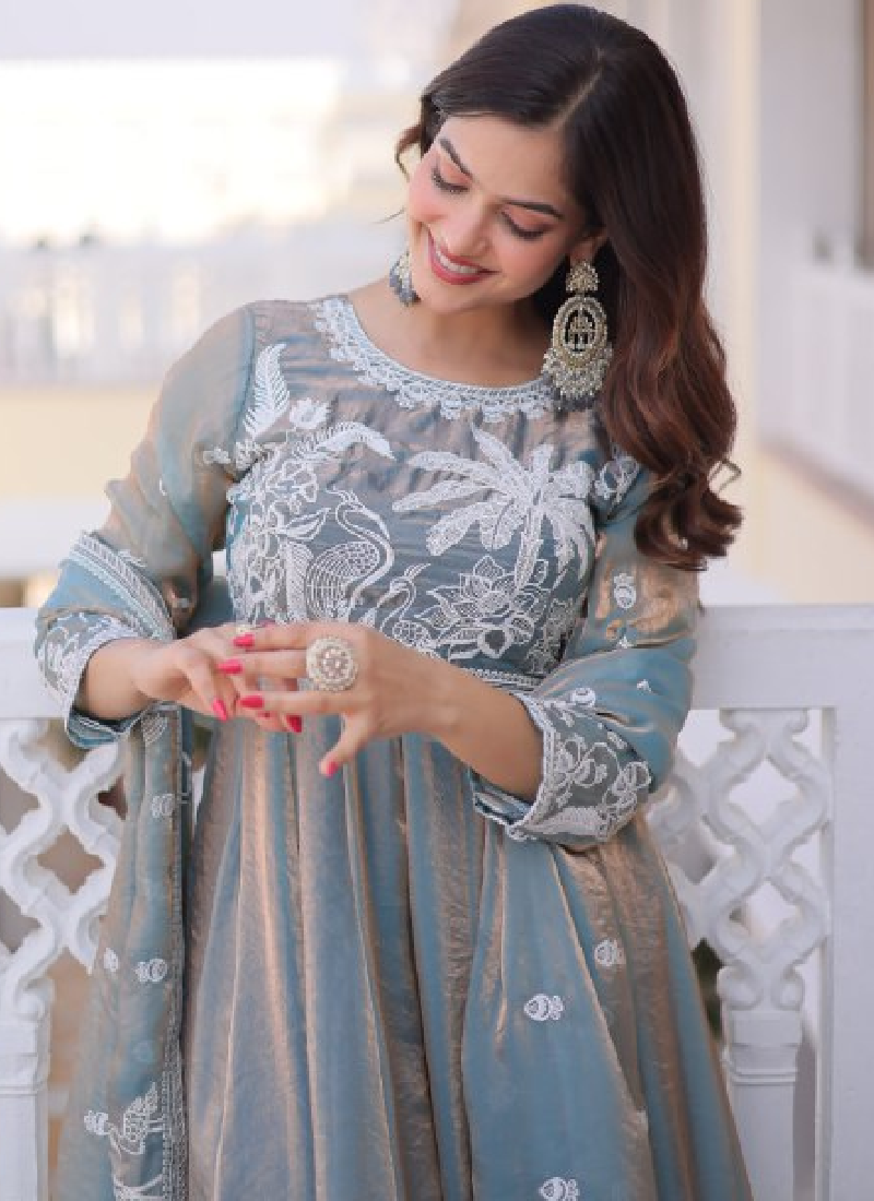 Satin Silk Sequence Embroidered Wedding Wear Sky Blue Anarkali Gown
