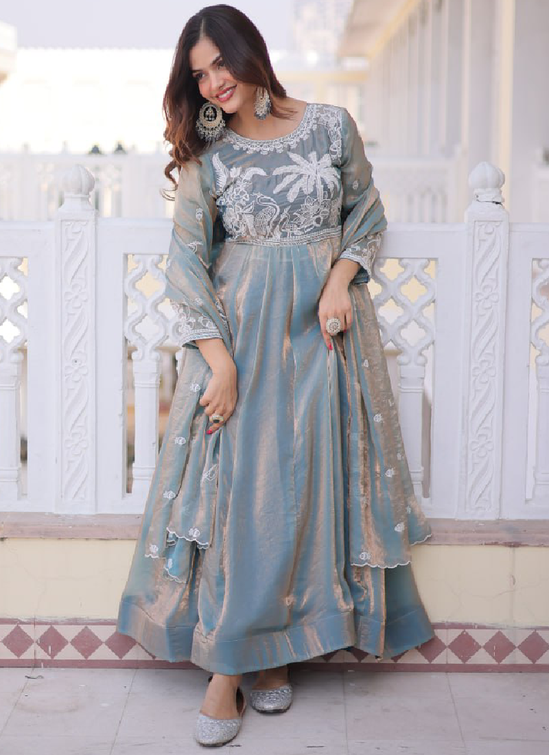 Satin Silk Sequence Embroidered Wedding Wear Sky Blue Anarkali Gown