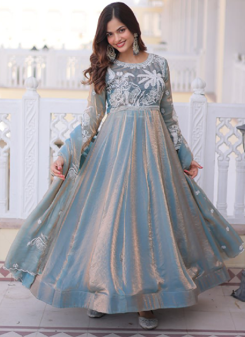 Satin Silk Sequence Embroidered Wedding Wear Sky Blue Anarkali Gown