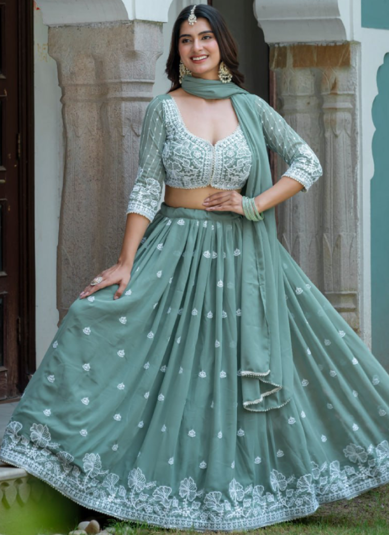 Sea Green Faux Georgette Thread Embordered With Moti Lace Lehenga Set