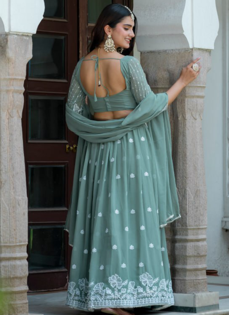 Sea Green Faux Georgette Thread Embordered With Moti Lace Lehenga Set