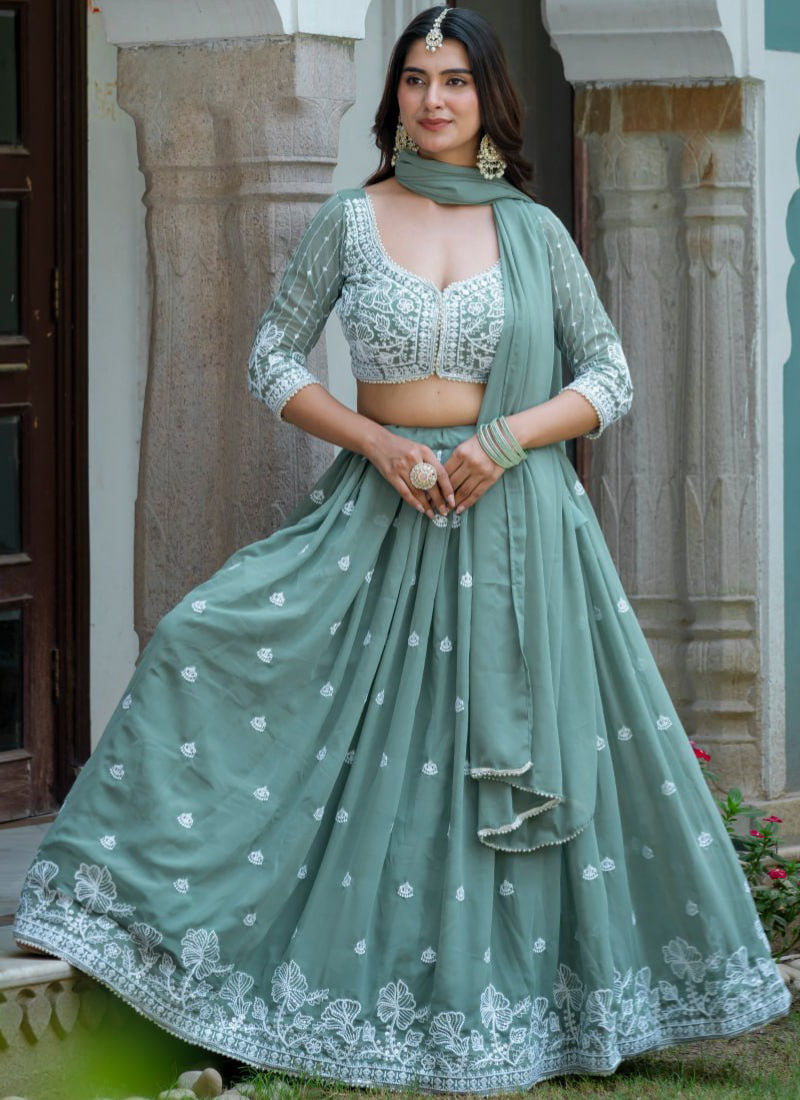 Sea Green Faux Georgette Thread Embordered With Moti Lace Lehenga Set
