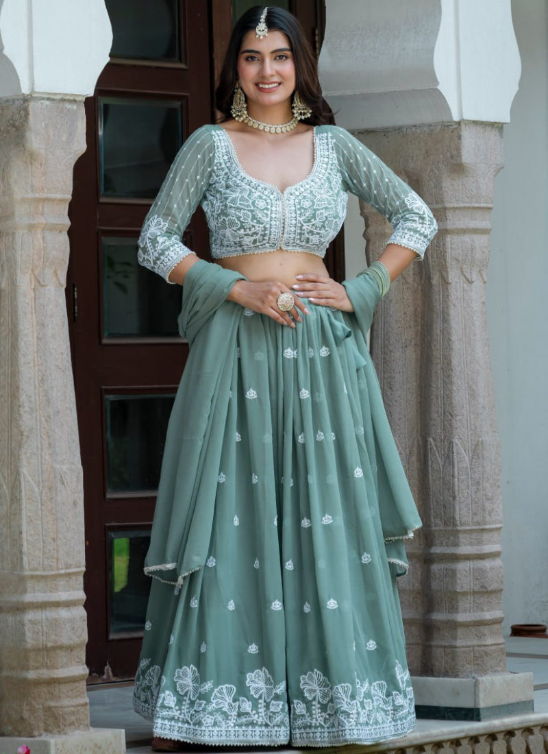 Sea Green Faux Georgette Thread Embordered With Moti Lace Lehenga Set