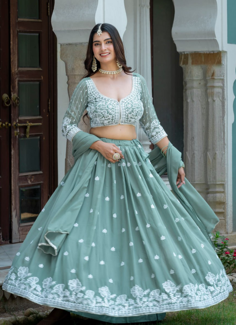 Sea Green Faux Georgette Thread Embordered With Moti Lace Lehenga Set