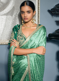 Sea Green Viscose Satin Zari Weaving Festive Saree With Blouse