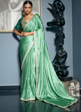 Sea Green Viscose Satin Zari Weaving Festive Saree With Blouse