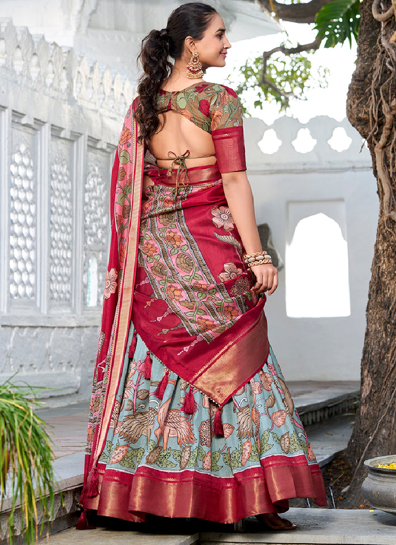 Sea Green Kalamkari Printed Dola Silk Lehenga Choli For Navratri