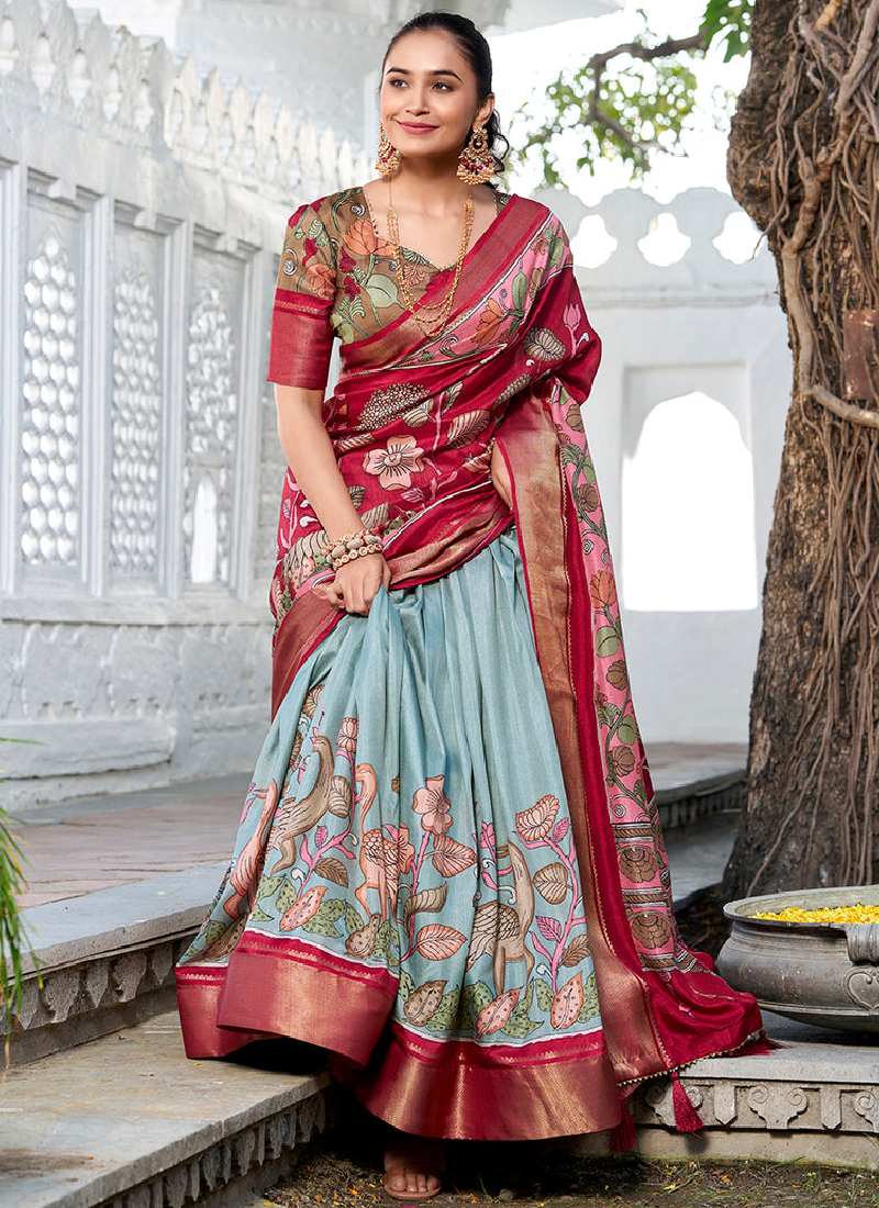 Sea Green Kalamkari Printed Dola Silk Lehenga Choli For Navratri