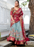 Sea Green Kalamkari Printed Dola Silk Lehenga Choli For Navratri