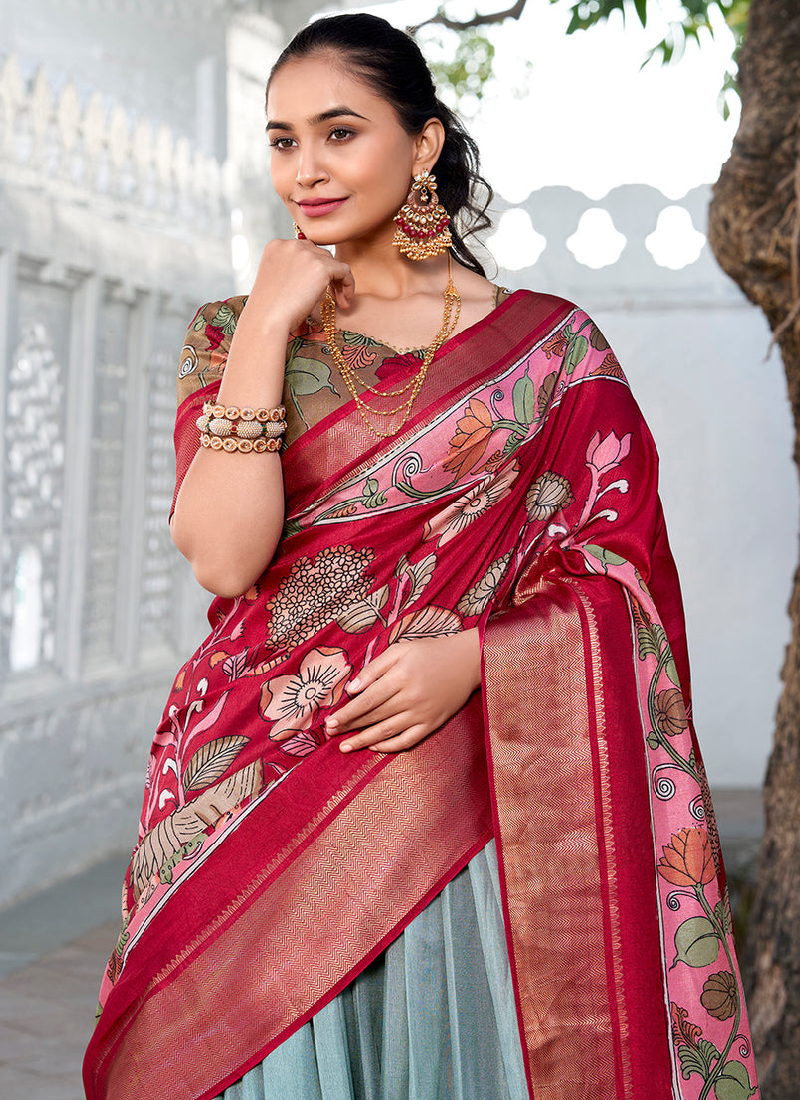 Sea Green Kalamkari Printed Dola Silk Lehenga Choli For Navratri