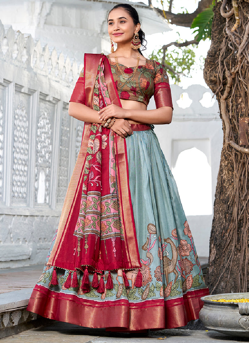 Sea Green Kalamkari Printed Dola Silk Lehenga Choli For Navratri