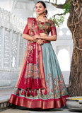 Sea Green Kalamkari Printed Dola Silk Lehenga Choli For Navratri