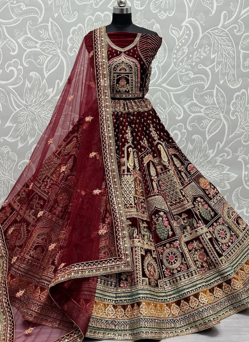 Seductive Diamond Work Velvet Maroon Bridal Lehenga Choli