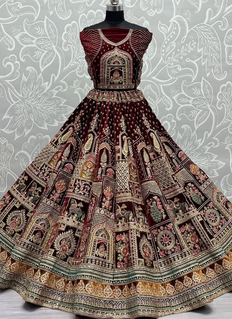 Seductive Diamond Work Velvet Maroon Bridal Lehenga Choli