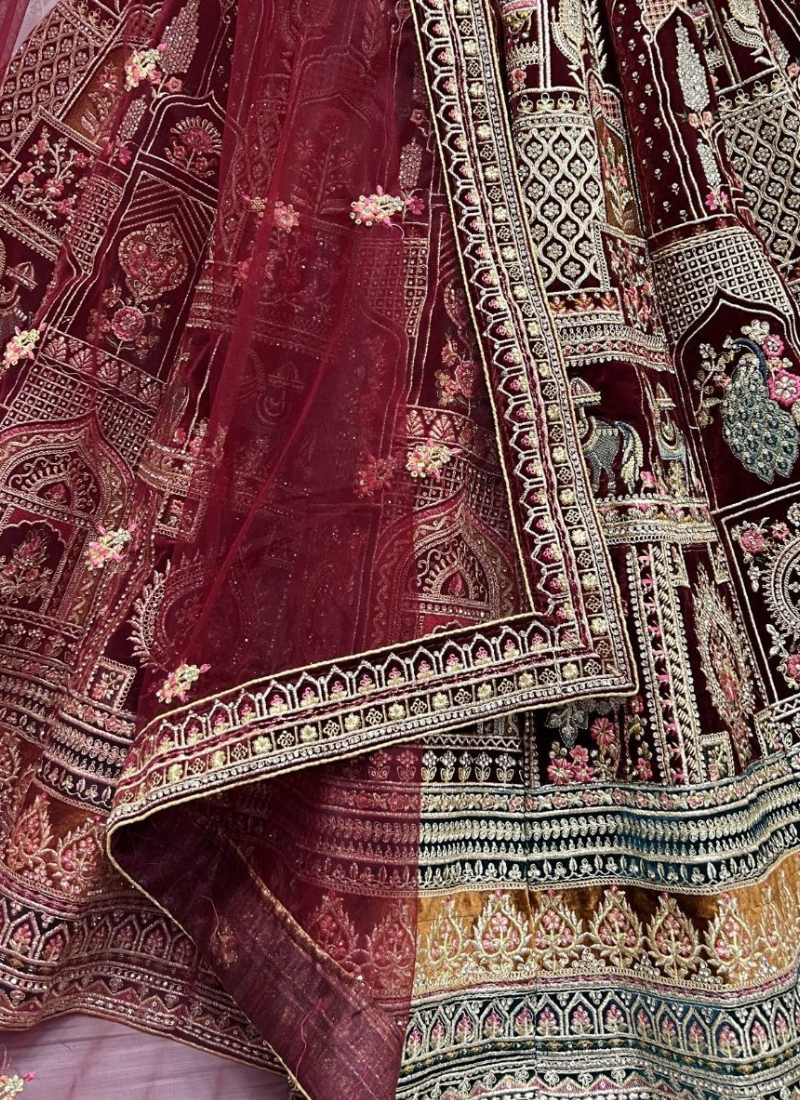 Seductive Diamond Work Velvet Maroon Bridal Lehenga Choli