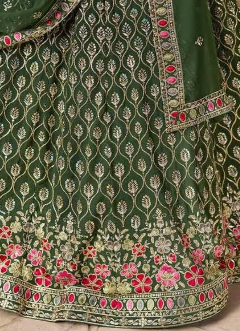 Semi Stitched Georgette Sequence Embroidery Dark Green Lehenga Choli