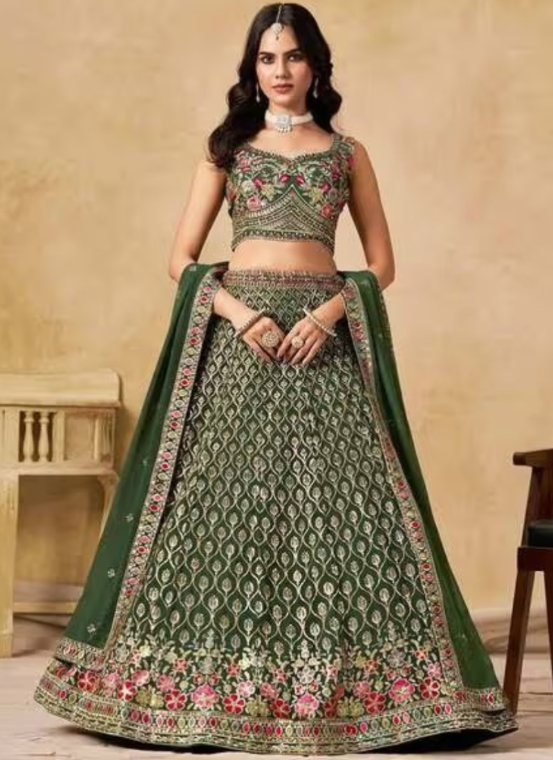 Semi Stitched Georgette Sequence Embroidery Dark Green Lehenga Choli