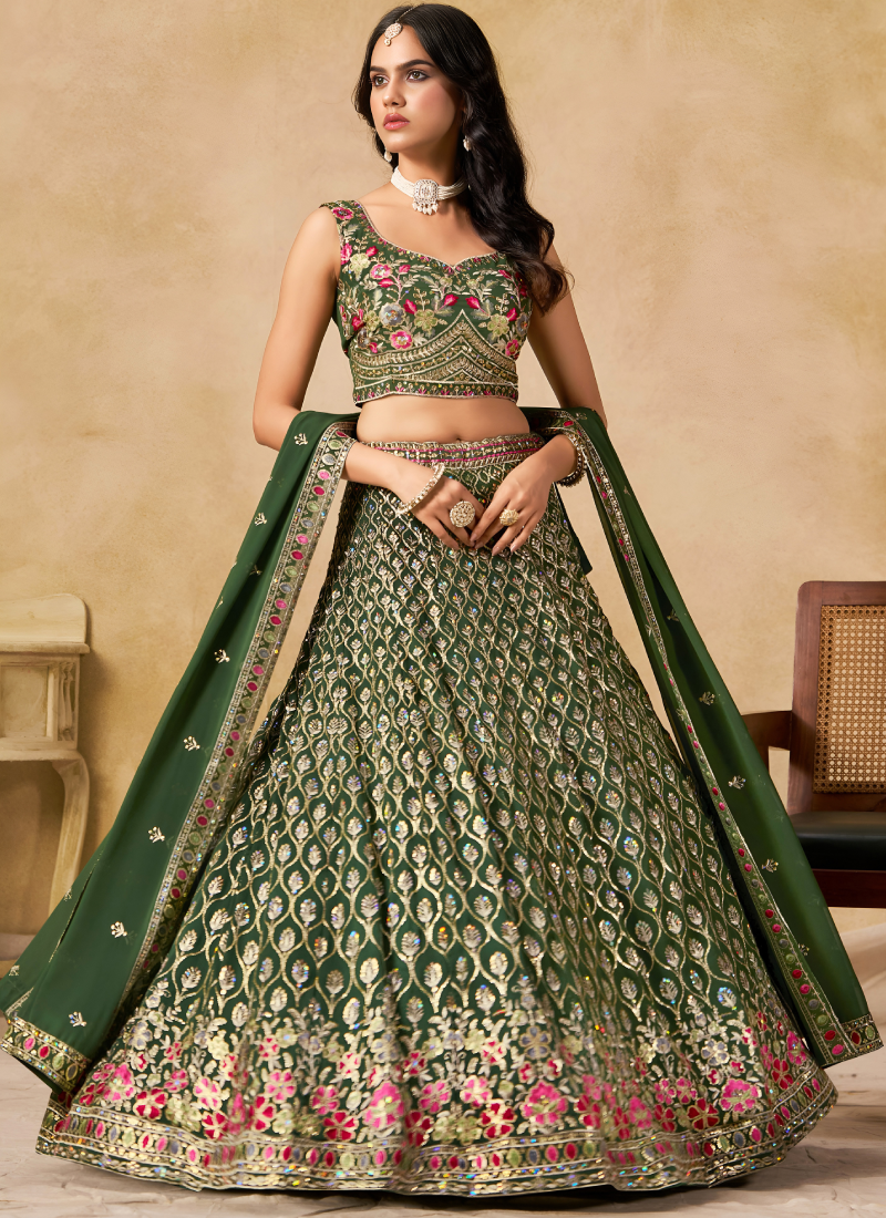 Semi Stitched Georgette Sequence Embroidery Dark Green Lehenga Choli
