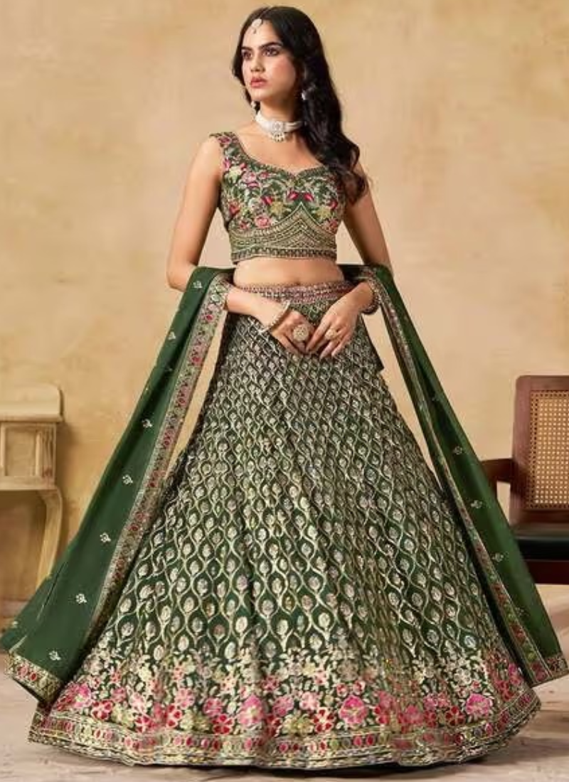 Semi Stitched Georgette Sequence Embroidery Dark Green Lehenga Choli