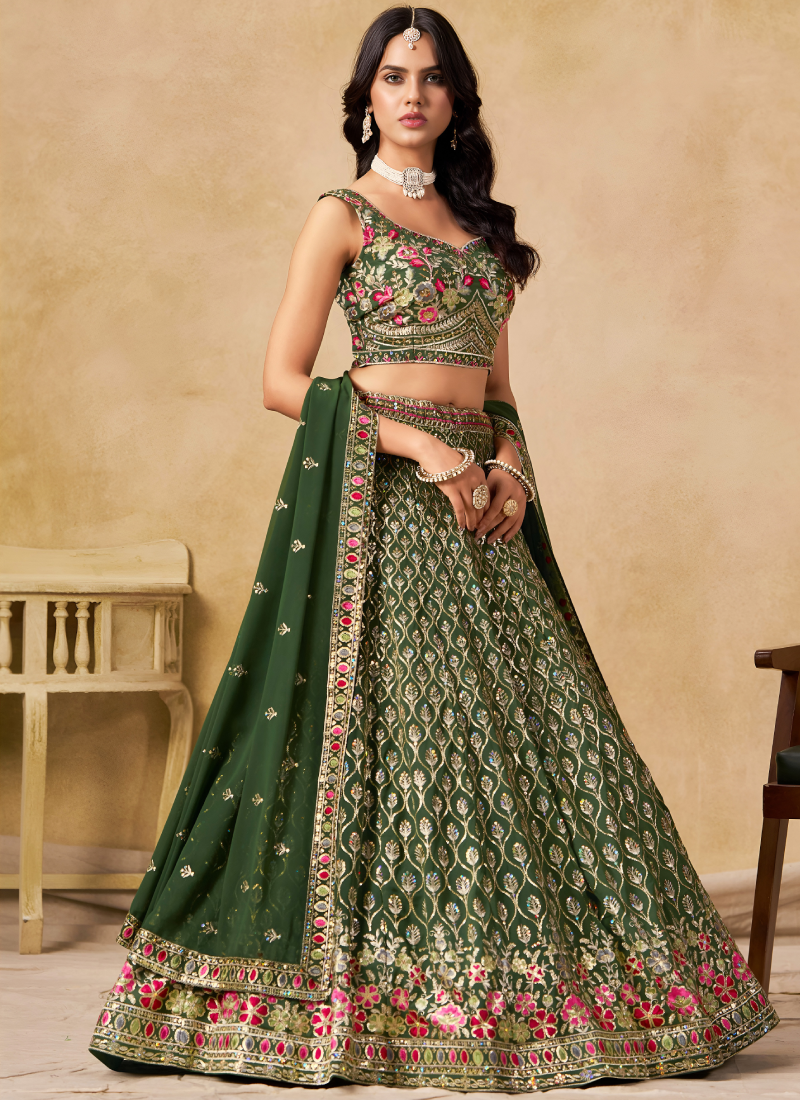 Semi Stitched Georgette Sequence Embroidery Dark Green Lehenga Choli