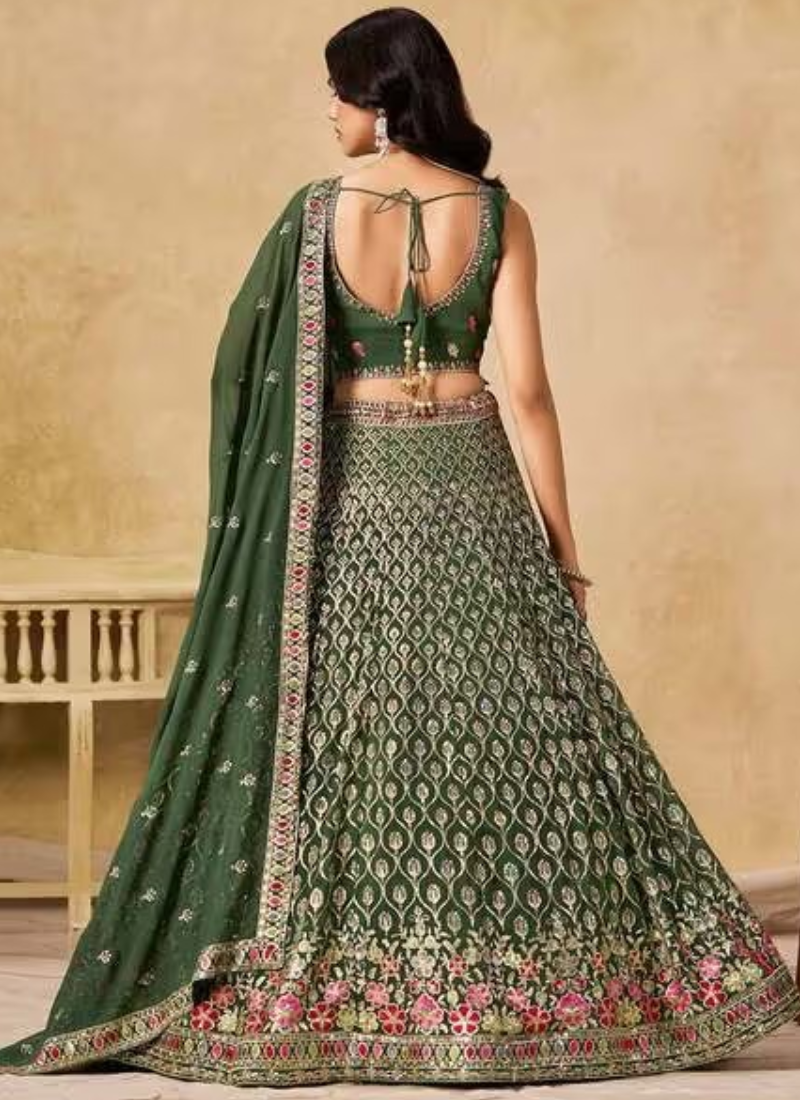 Semi Stitched Georgette Sequence Embroidery Dark Green Lehenga Choli