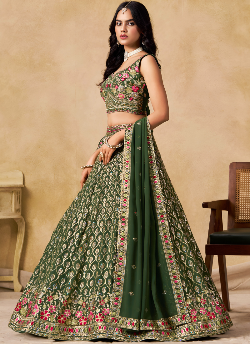 Semi Stitched Georgette Sequence Embroidery Dark Green Lehenga Choli