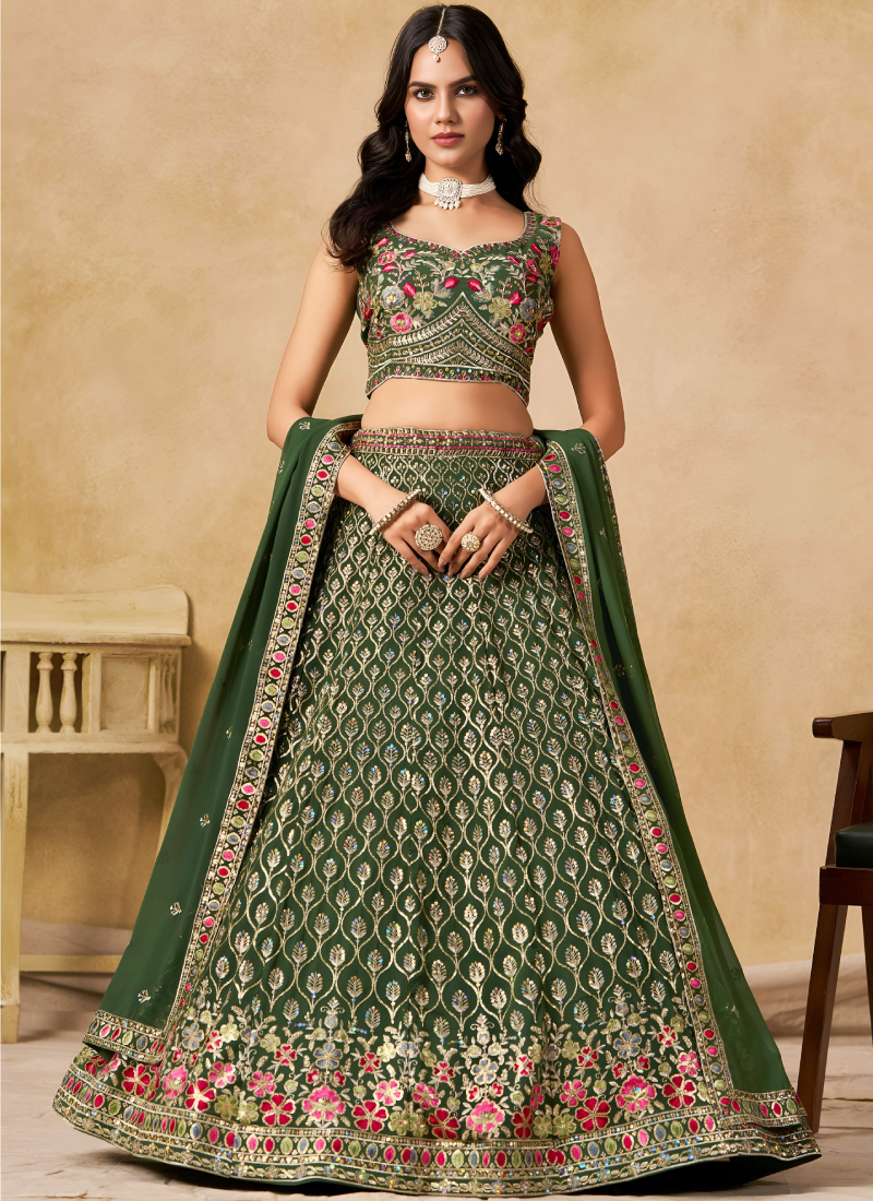 Semi Stitched Georgette Sequence Embroidery Dark Green Lehenga Choli