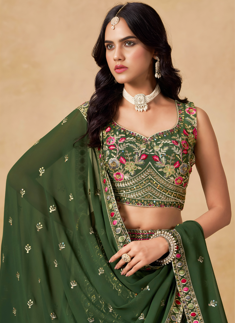 Semi Stitched Georgette Sequence Embroidery Dark Green Lehenga Choli