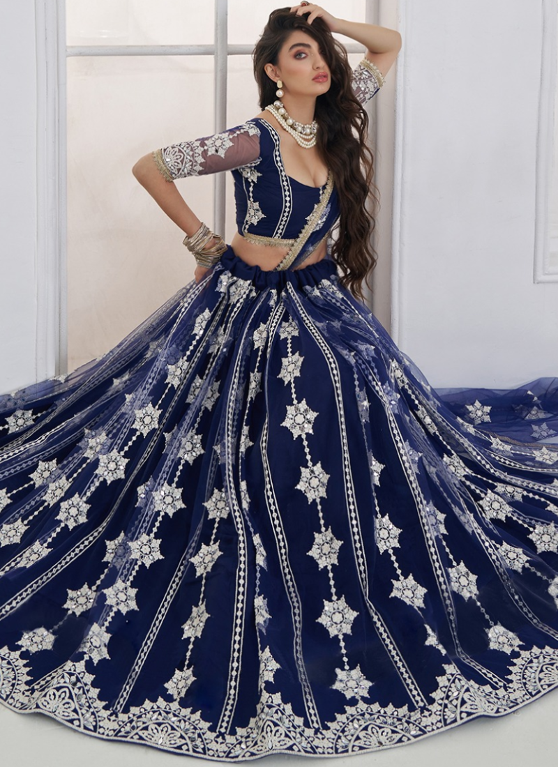 Semi Stitched Navy Blue Net Sequence Embroidery Lehenga For Women