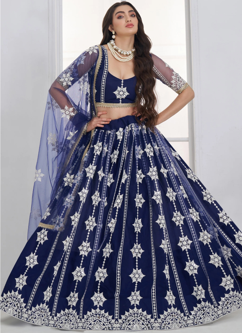 Semi Stitched Navy Blue Net Sequence Embroidery Lehenga For Women