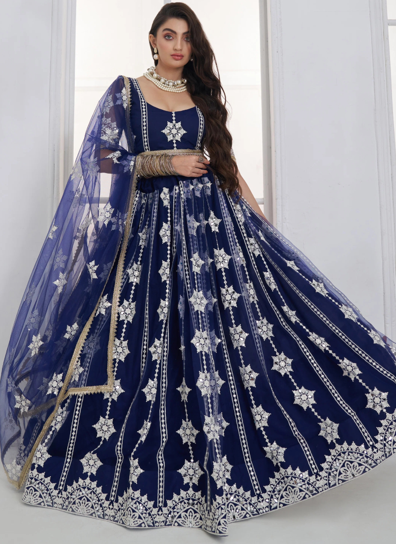 Semi Stitched Navy Blue Net Sequence Embroidery Lehenga For Women