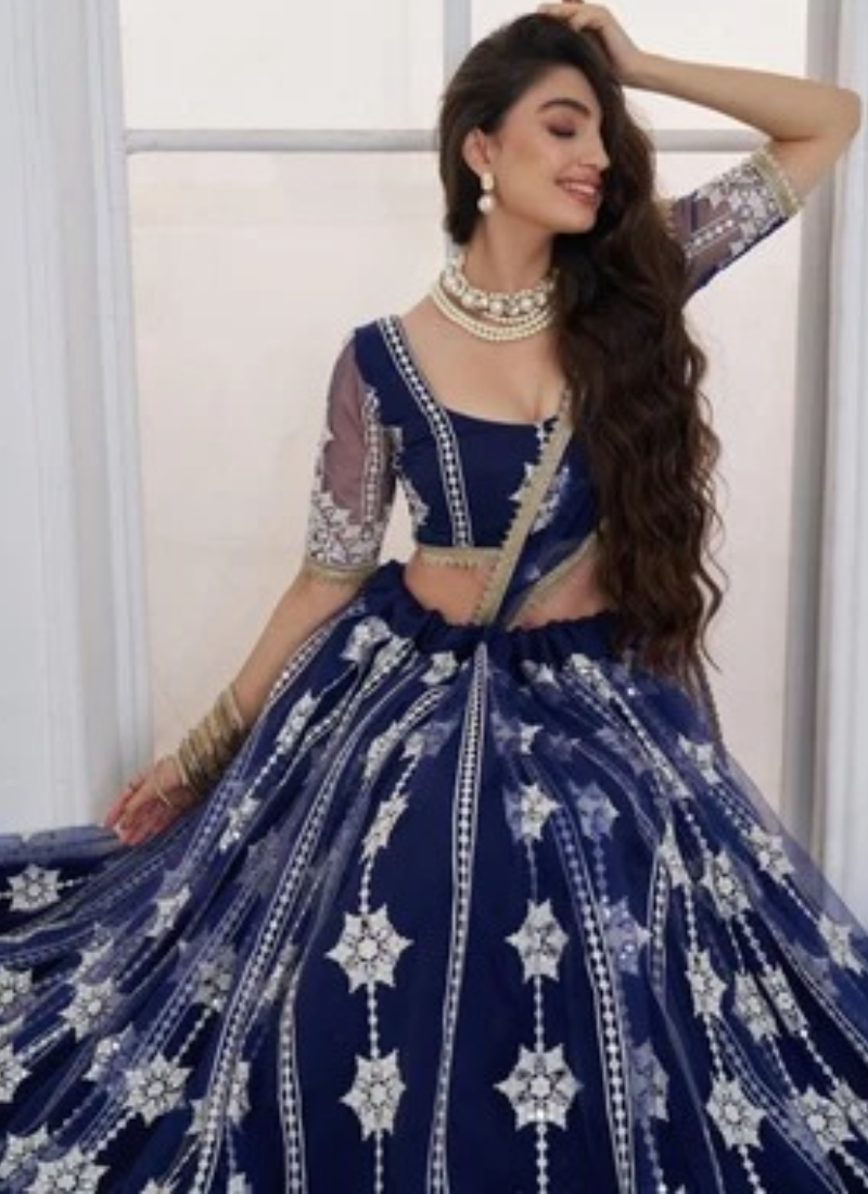 Semi Stitched Navy Blue Net Sequence Embroidery Lehenga For Women