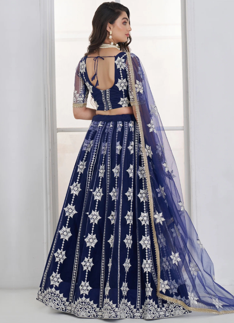 Semi Stitched Navy Blue Net Sequence Embroidery Lehenga For Women