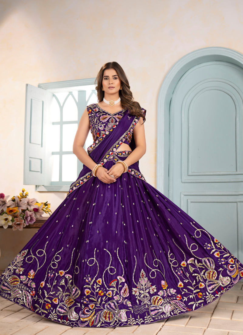 Sequence Embroidered Chinon Silk Purple Wedding Wear Lehenga Choli