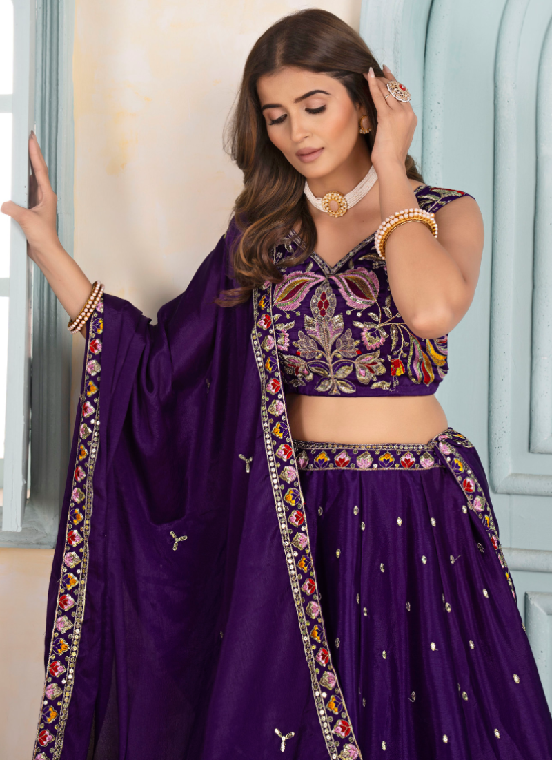 Sequence Embroidered Chinon Silk Purple Wedding Wear Lehenga Choli