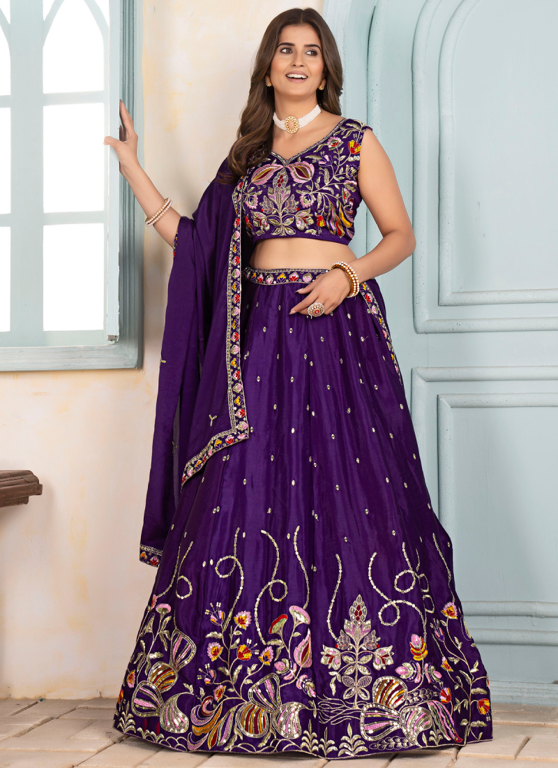 Sequence Embroidered Chinon Silk Purple Wedding Wear Lehenga Choli