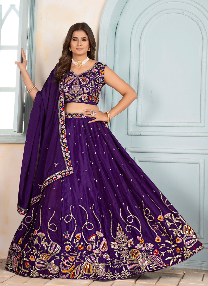 Sequence Embroidered Chinon Silk Purple Wedding Wear Lehenga Choli
