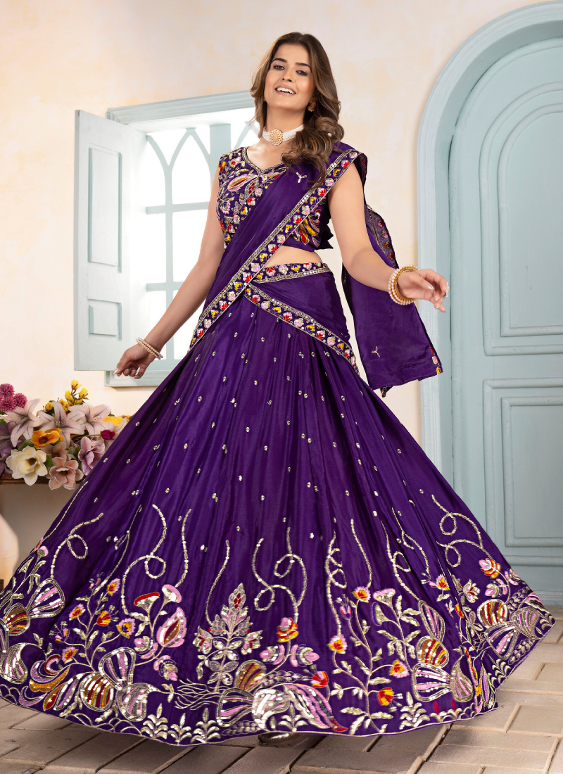 Sequence Embroidered Chinon Silk Purple Wedding Wear Lehenga Choli