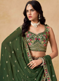 Sequence Embroidered Georgette Green Mehendi Function Lehenga Choli